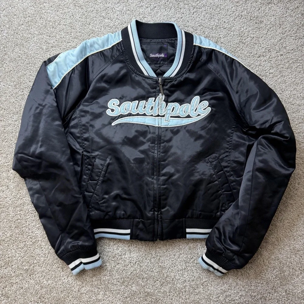 Y2K Southpole Jacket Womens Medium Black Satin Bomber Full Zip Embroidered
